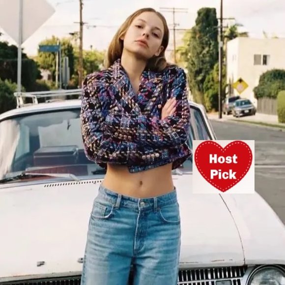 Cropped Tweed Jacket Multicolor Tartan Plaid Jacket Buttoned - Picture 3 of 11